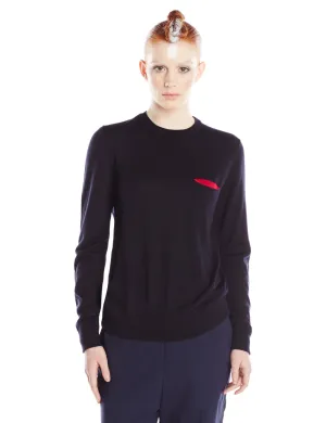 Navy and Magenta Knitted Crew Neck Sweater