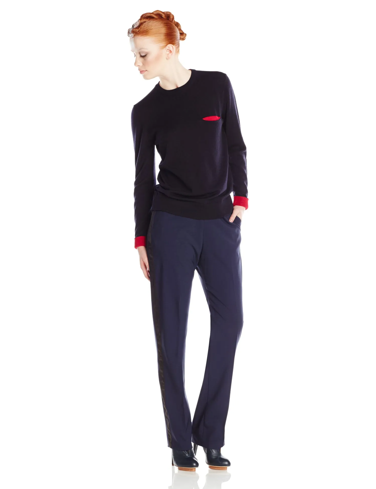 Navy and Magenta Knitted Crew Neck Sweater