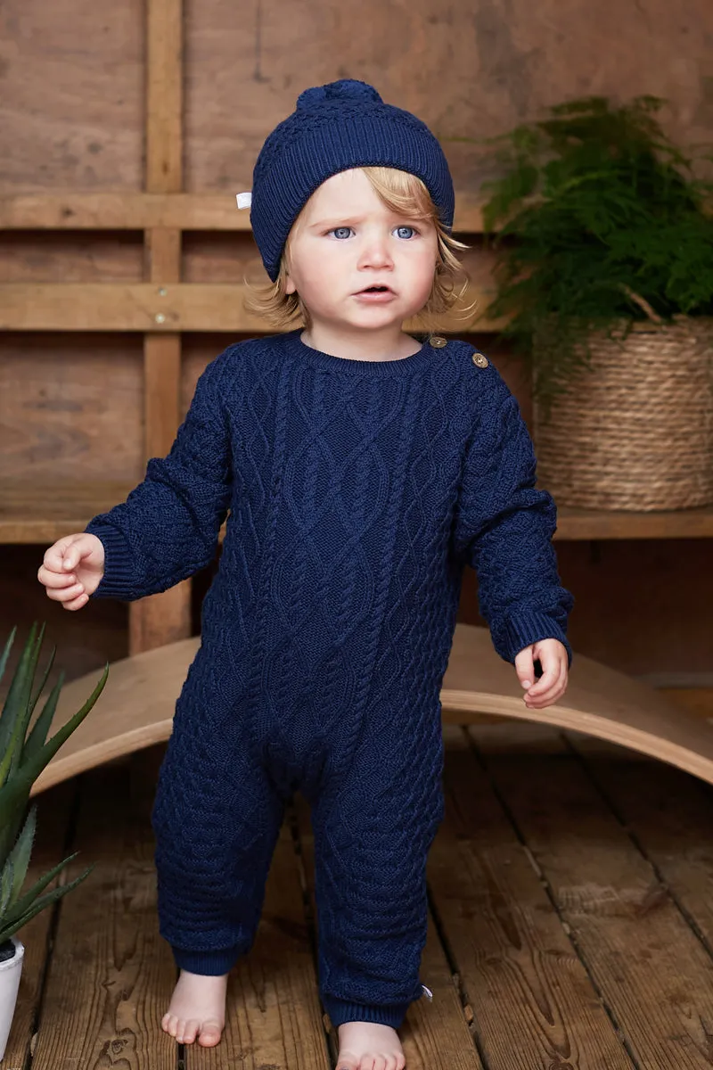 Navy Cable Romper and Hat Set