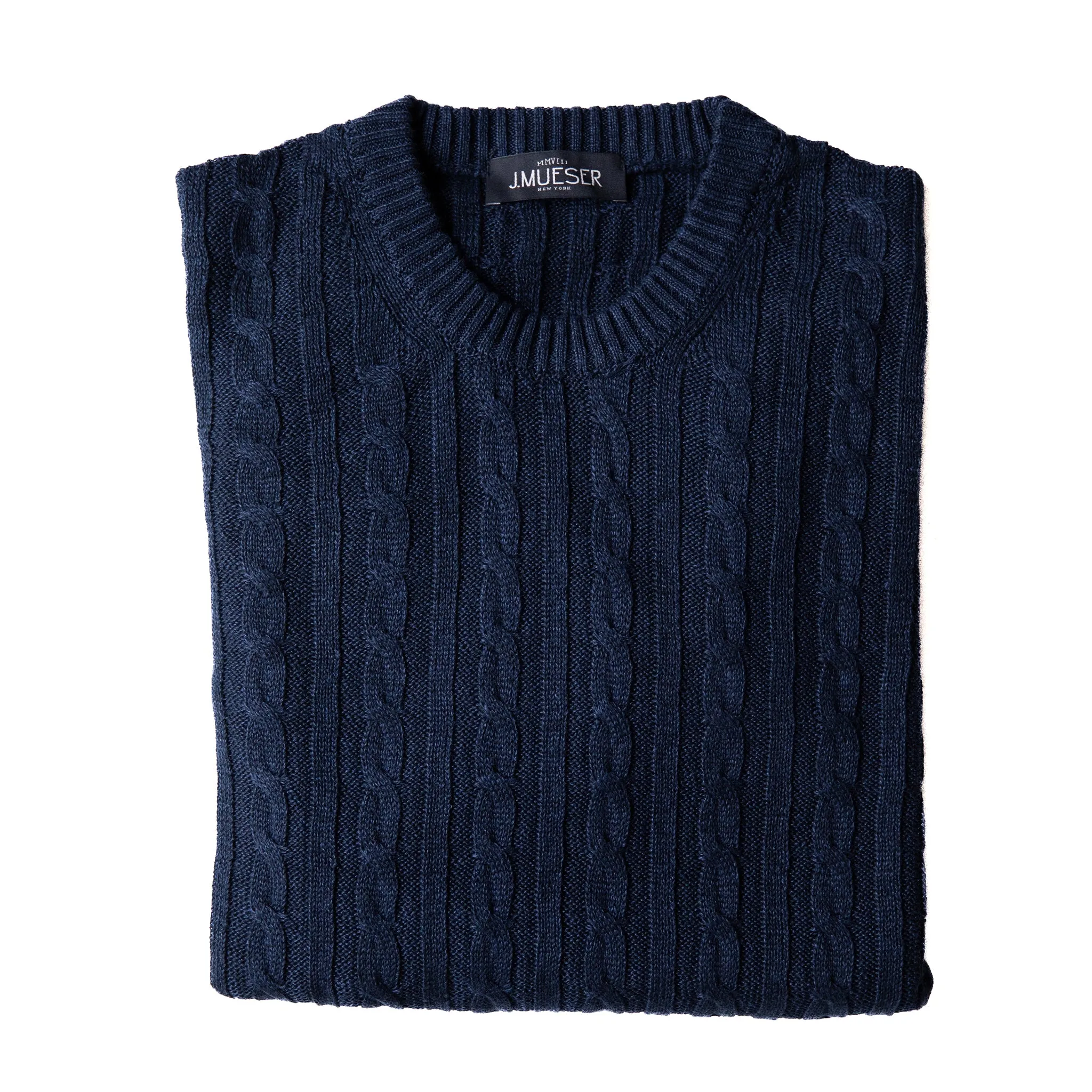 Navy Cotton/Linen Cable Knit Crewneck