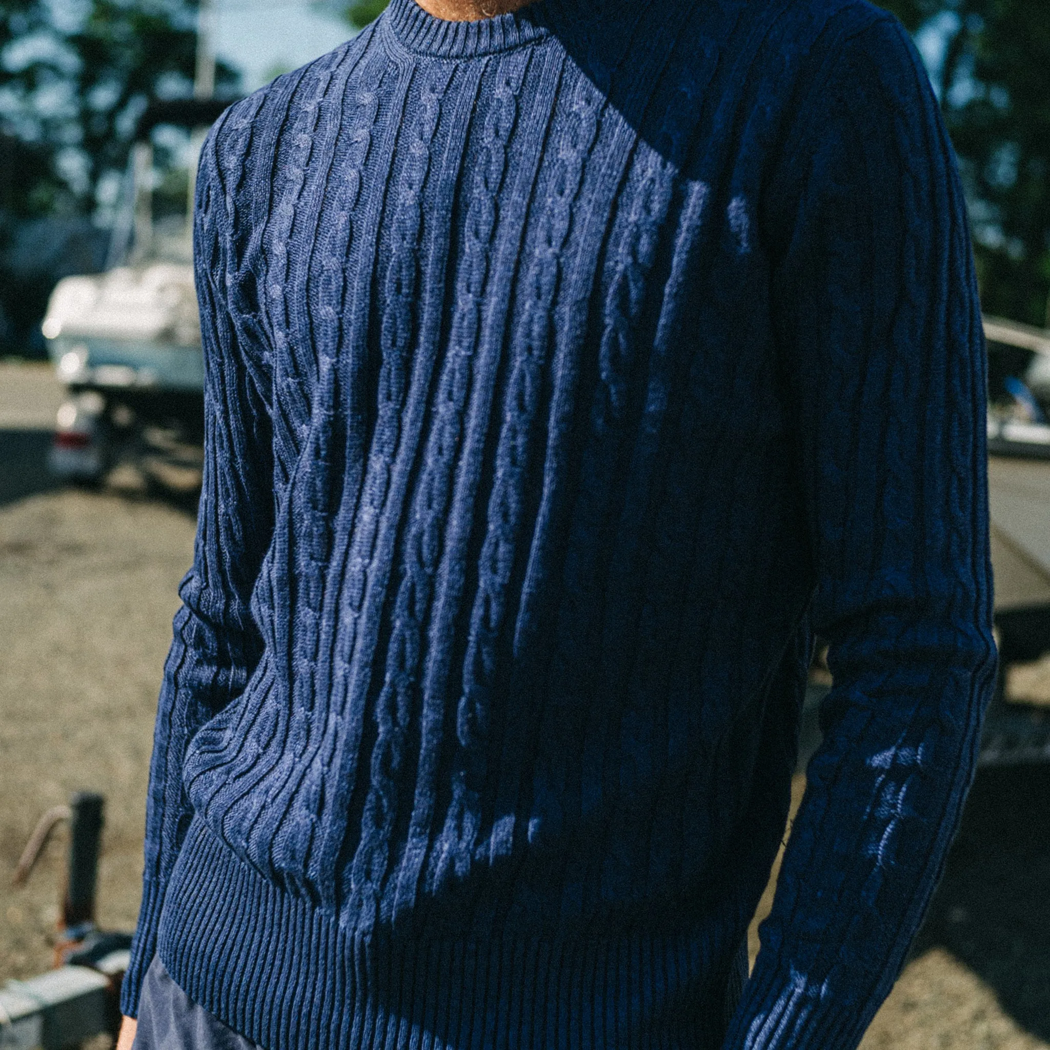Navy Cotton/Linen Cable Knit Crewneck