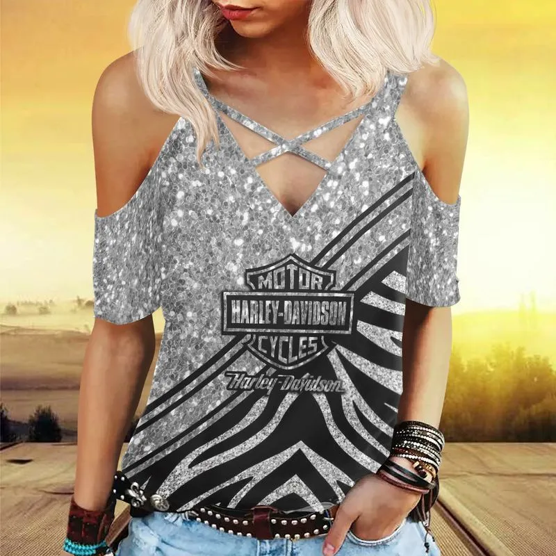 NEW Harley Davidson Women’s Cold Shoulder T-shirt With Criss Cross Strips, Sz M