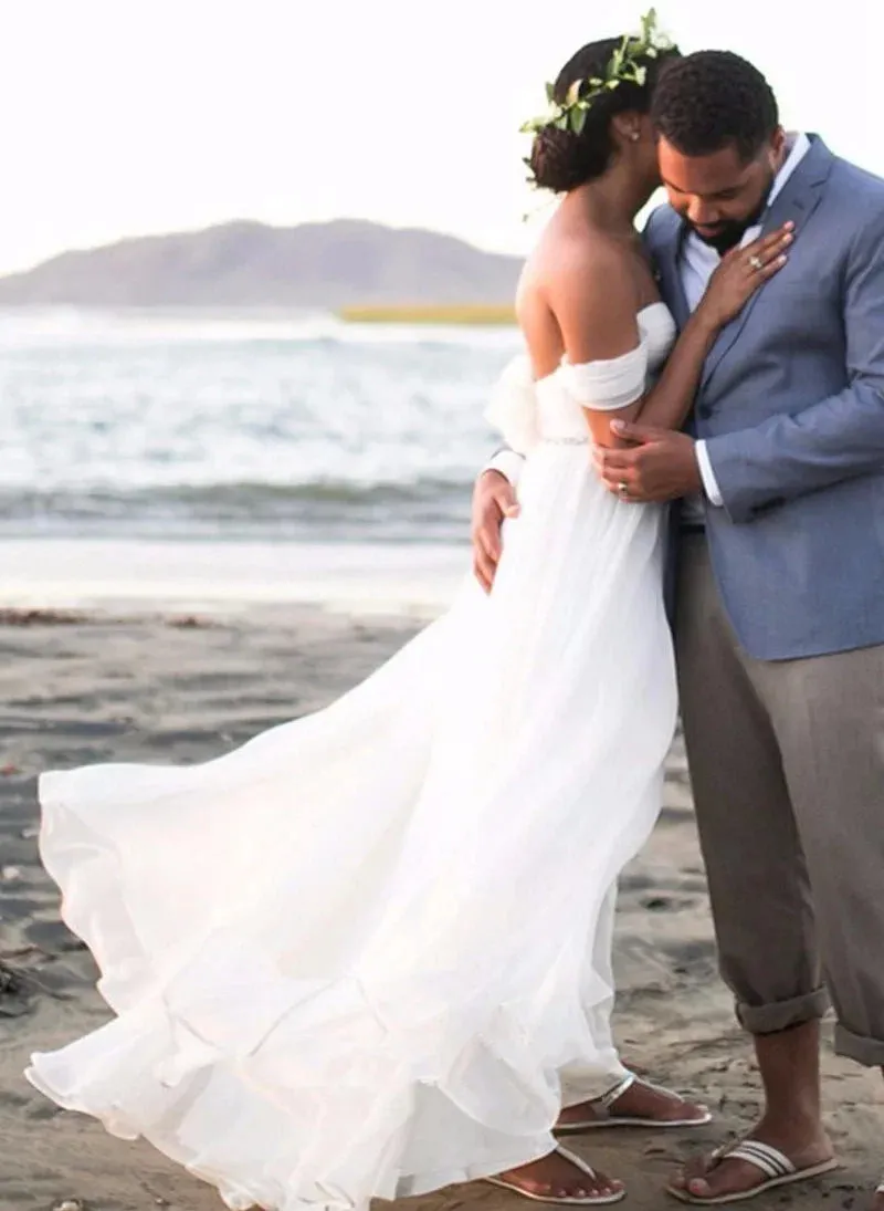 Newest White Off the shoulder Chiffon Wedding Dress With Beadings
