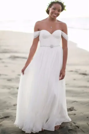Newest White Off the shoulder Chiffon Wedding Dress With Beadings