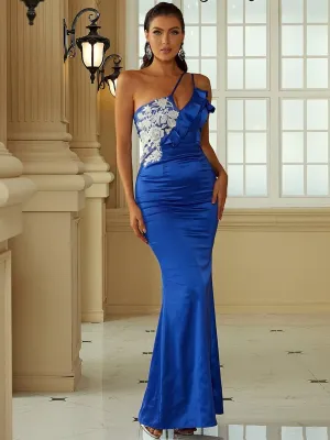 One Shoulder Colorblock Satin Maxi Prom Dress XJ1355
