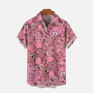 Pink Cartoon Pig Breathable Linen Short Sleeve Shirt