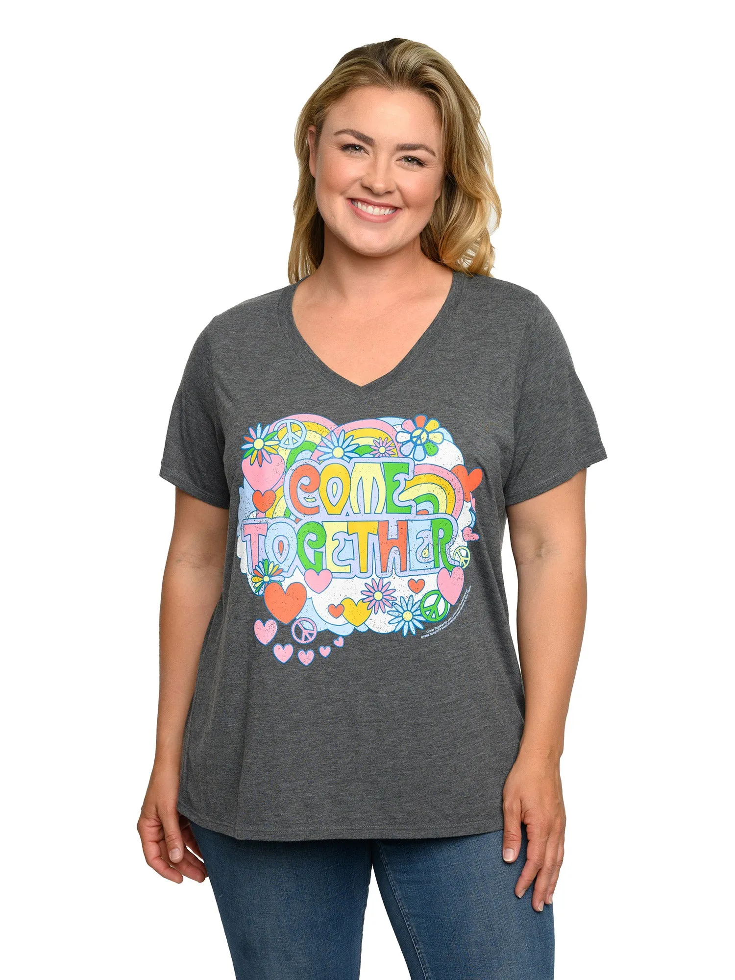 Plus Size Women's Beatles T-Shirt Come Together V-Neck Band Tee Charcoal Gray