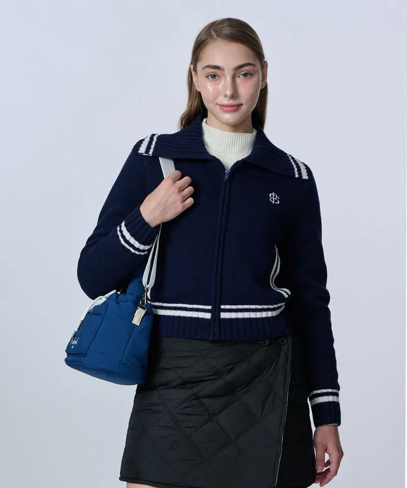 POSHERD Embroidered Merino Wool Windbreaker Knit Top - Navy