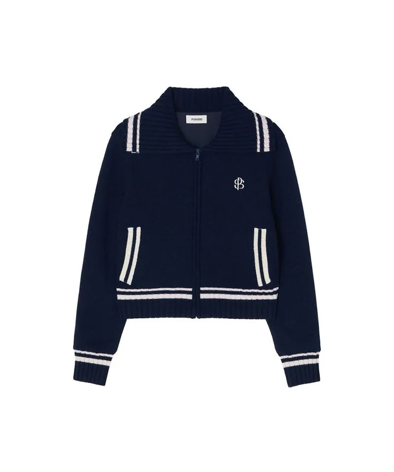 POSHERD Embroidered Merino Wool Windbreaker Knit Top - Navy