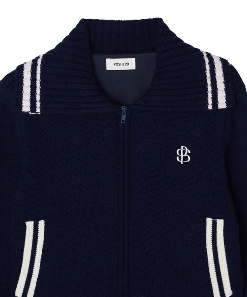 POSHERD Embroidered Merino Wool Windbreaker Knit Top - Navy