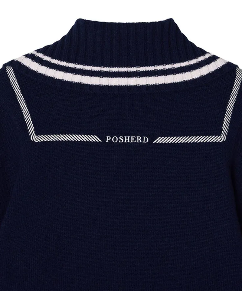 POSHERD Embroidered Merino Wool Windbreaker Knit Top - Navy