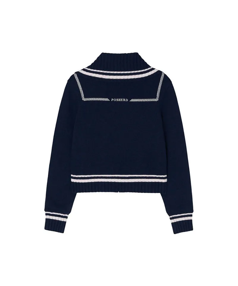 POSHERD Embroidered Merino Wool Windbreaker Knit Top - Navy