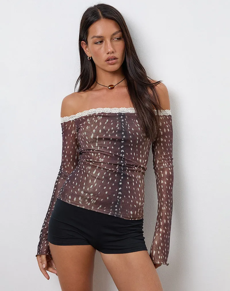 Rusaka Bardot Top in Mesh Deer Print Brown