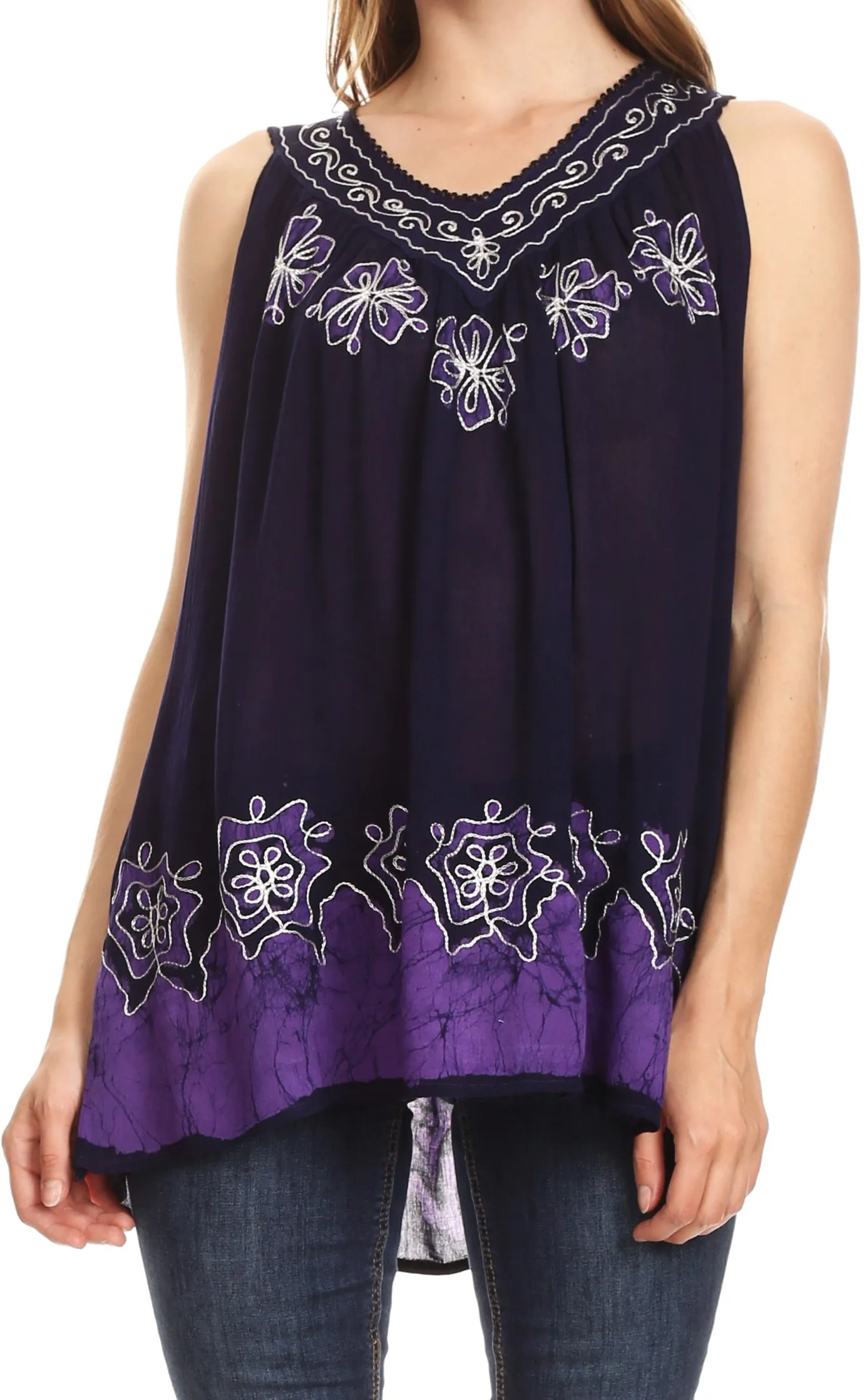 Sakkas Batik Embroidered V-Neck Sleeveless Blouse