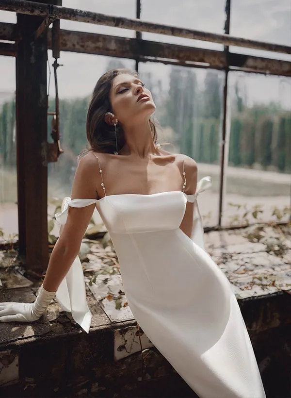 Simple Sheath Off-The-Shoulder Ankle-Length Satin Wedding Dresses