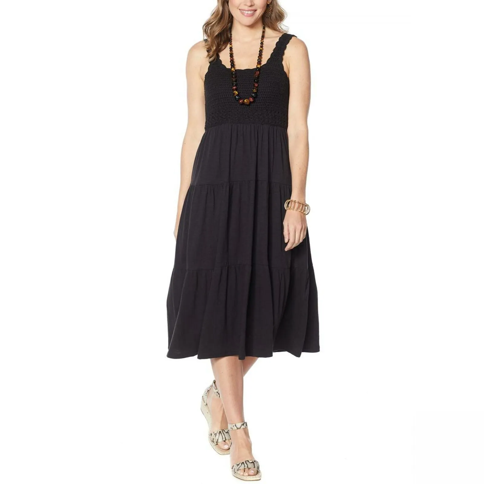 Skinnygirl Women's Sleeveless Crochet Tiered Midi Dress