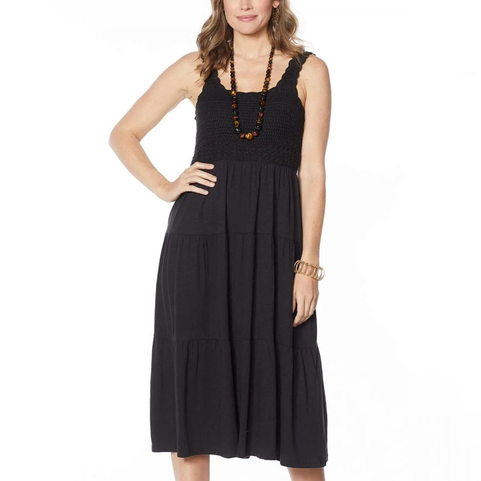 Skinnygirl Women's Sleeveless Crochet Tiered Midi Dress