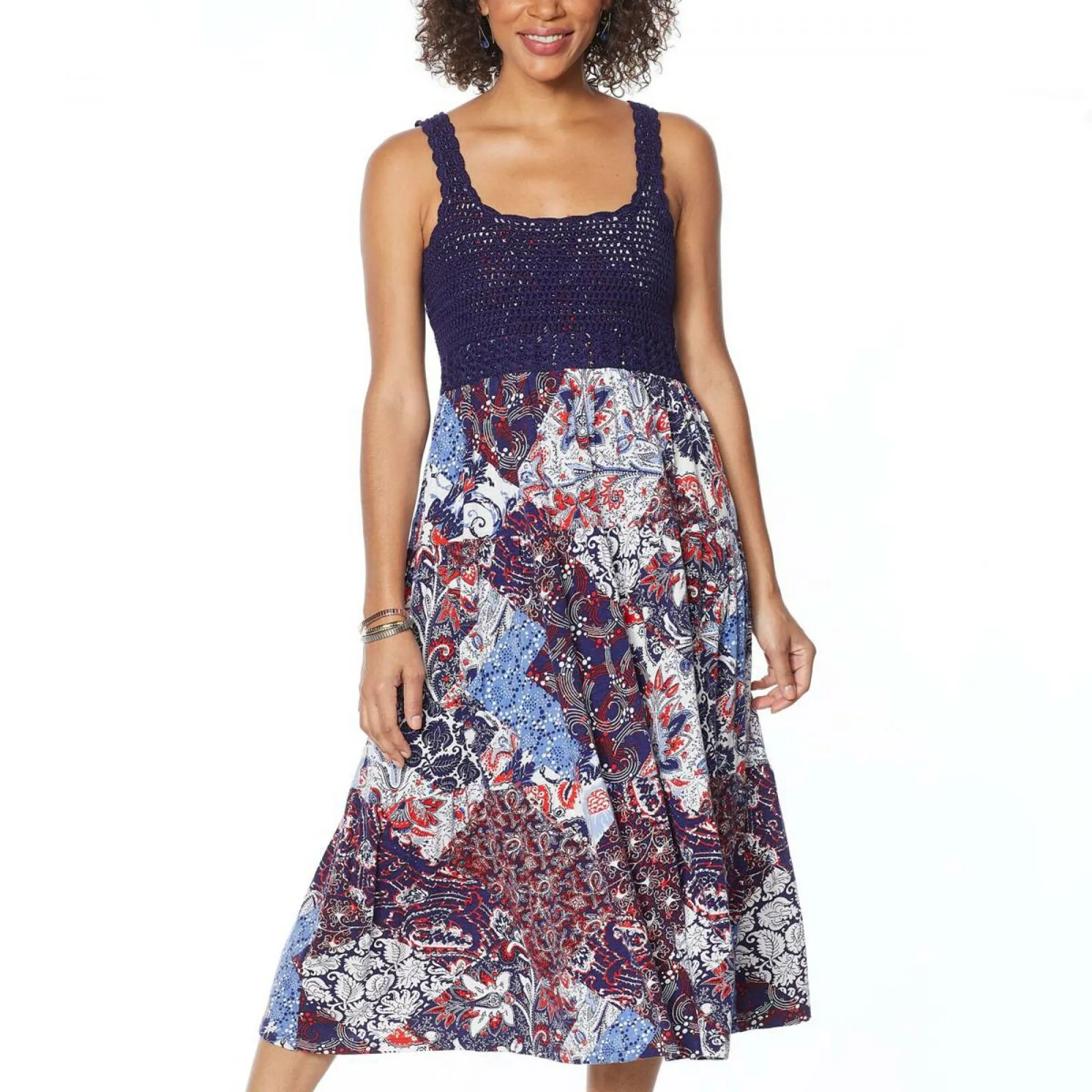 Skinnygirl Women's Sleeveless Crochet Tiered Midi Dress