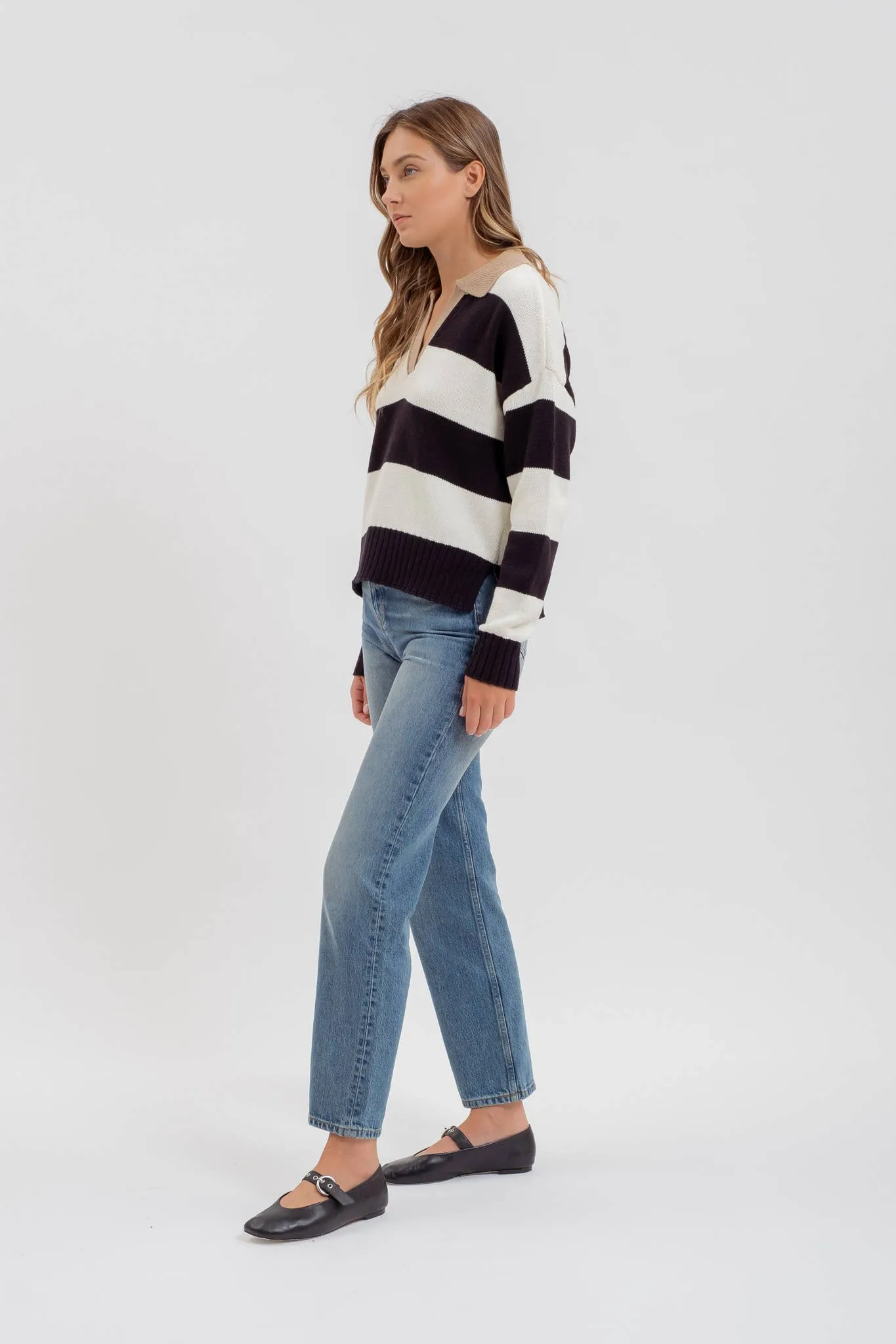 STRIPE CONTRAST COLLAR LONG SLEEVE KNIT SWEATER