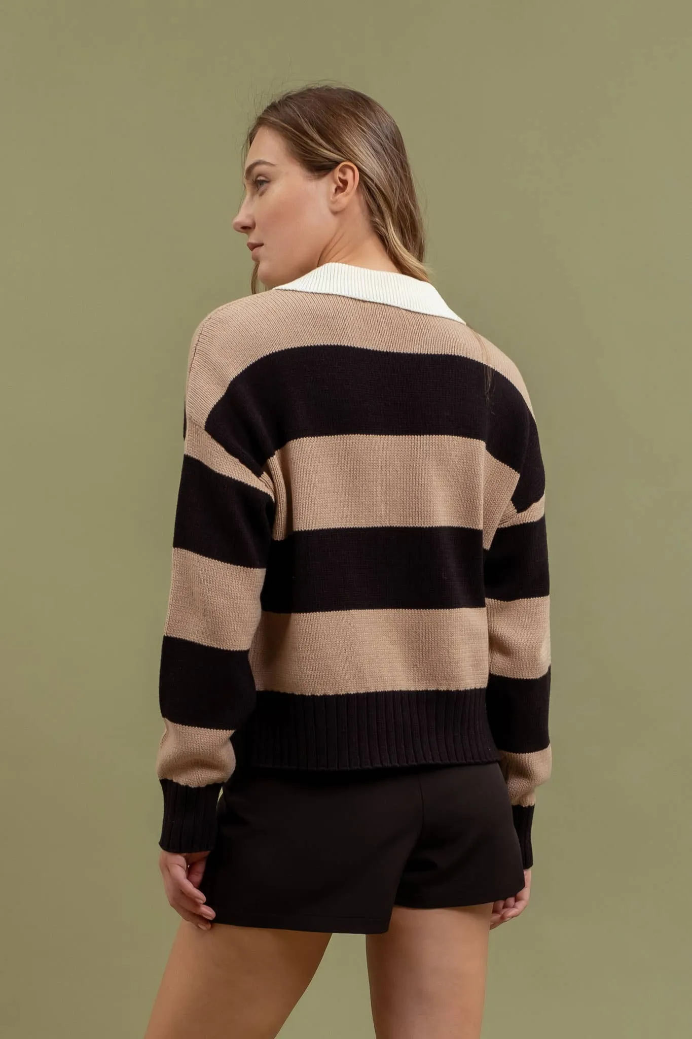 STRIPE CONTRAST COLLAR LONG SLEEVE KNIT SWEATER