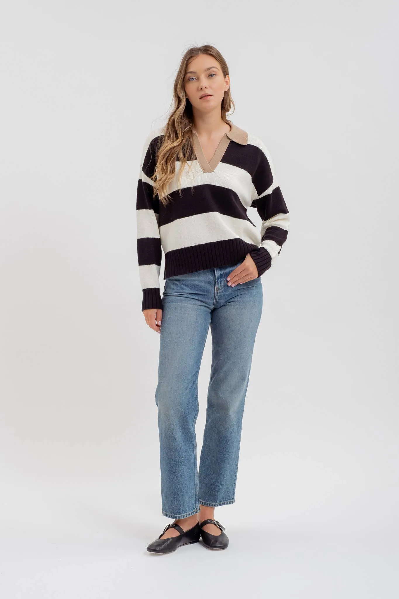 STRIPE CONTRAST COLLAR LONG SLEEVE KNIT SWEATER