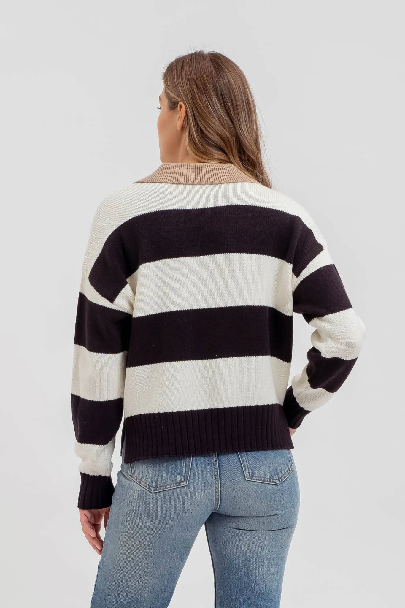 STRIPE CONTRAST COLLAR LONG SLEEVE KNIT SWEATER