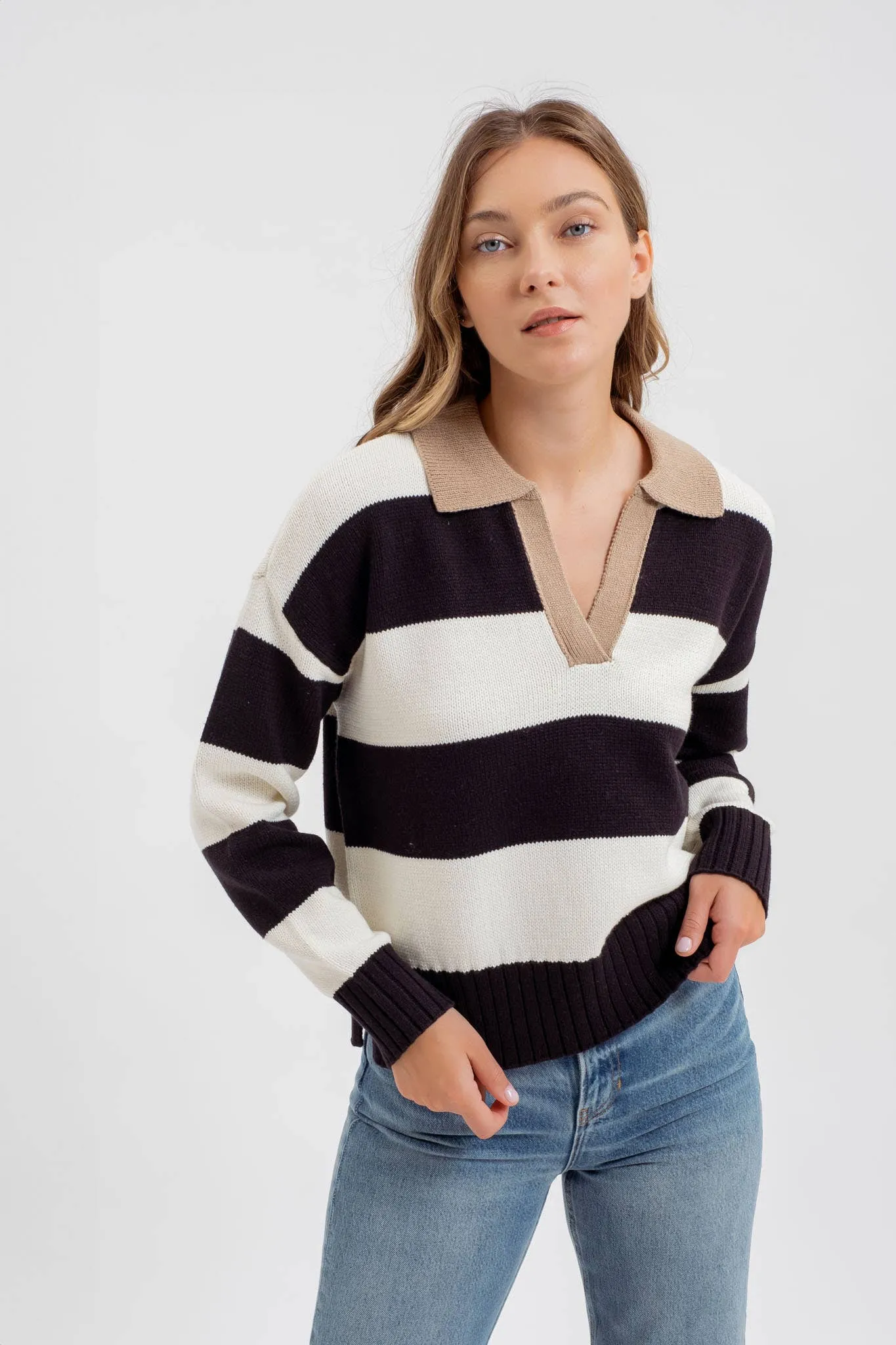 STRIPE CONTRAST COLLAR LONG SLEEVE KNIT SWEATER