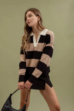 STRIPE CONTRAST COLLAR LONG SLEEVE KNIT SWEATER