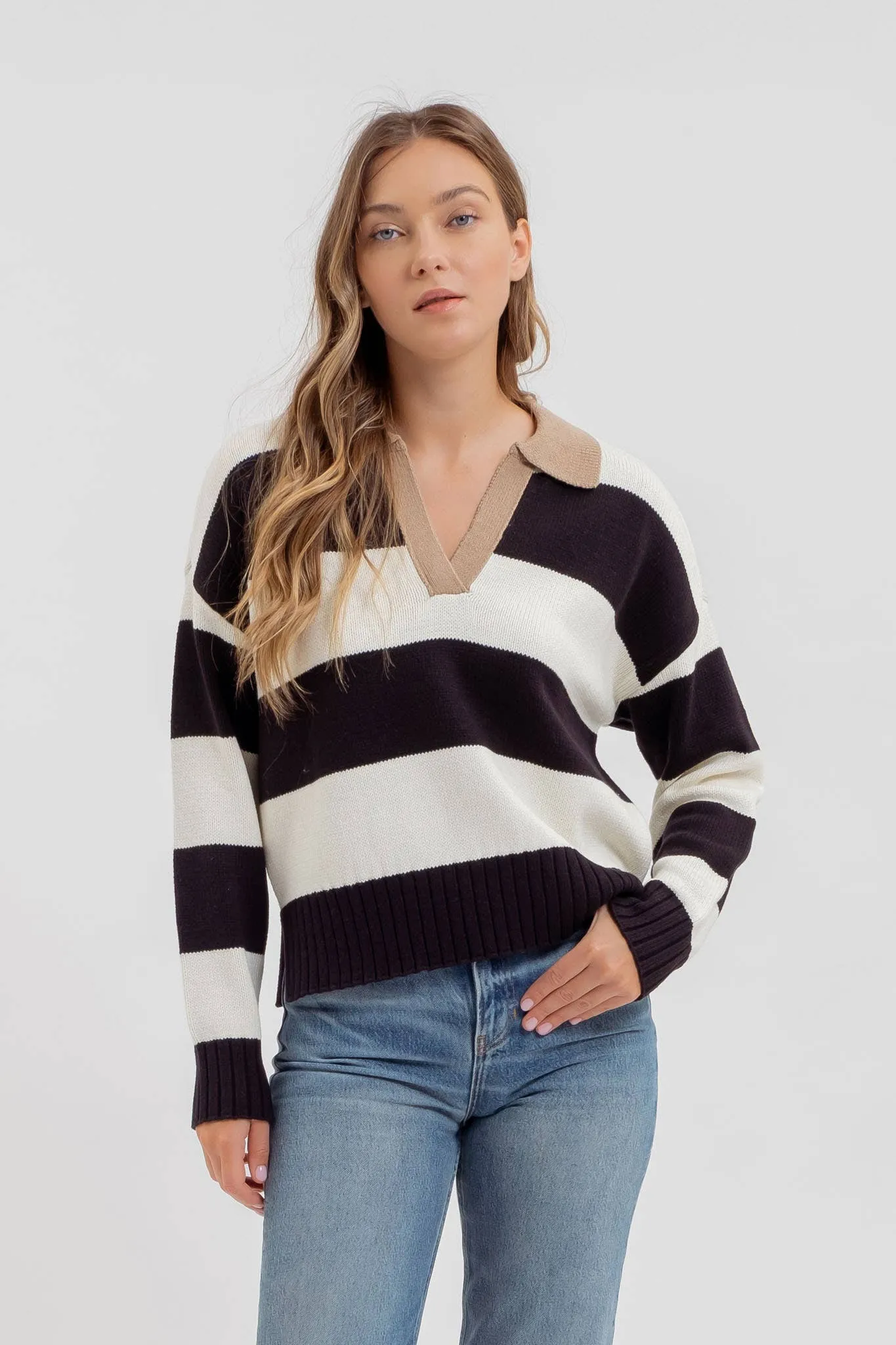 STRIPE CONTRAST COLLAR LONG SLEEVE KNIT SWEATER