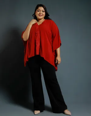 V-Neck Poncho Top with Lace Detail