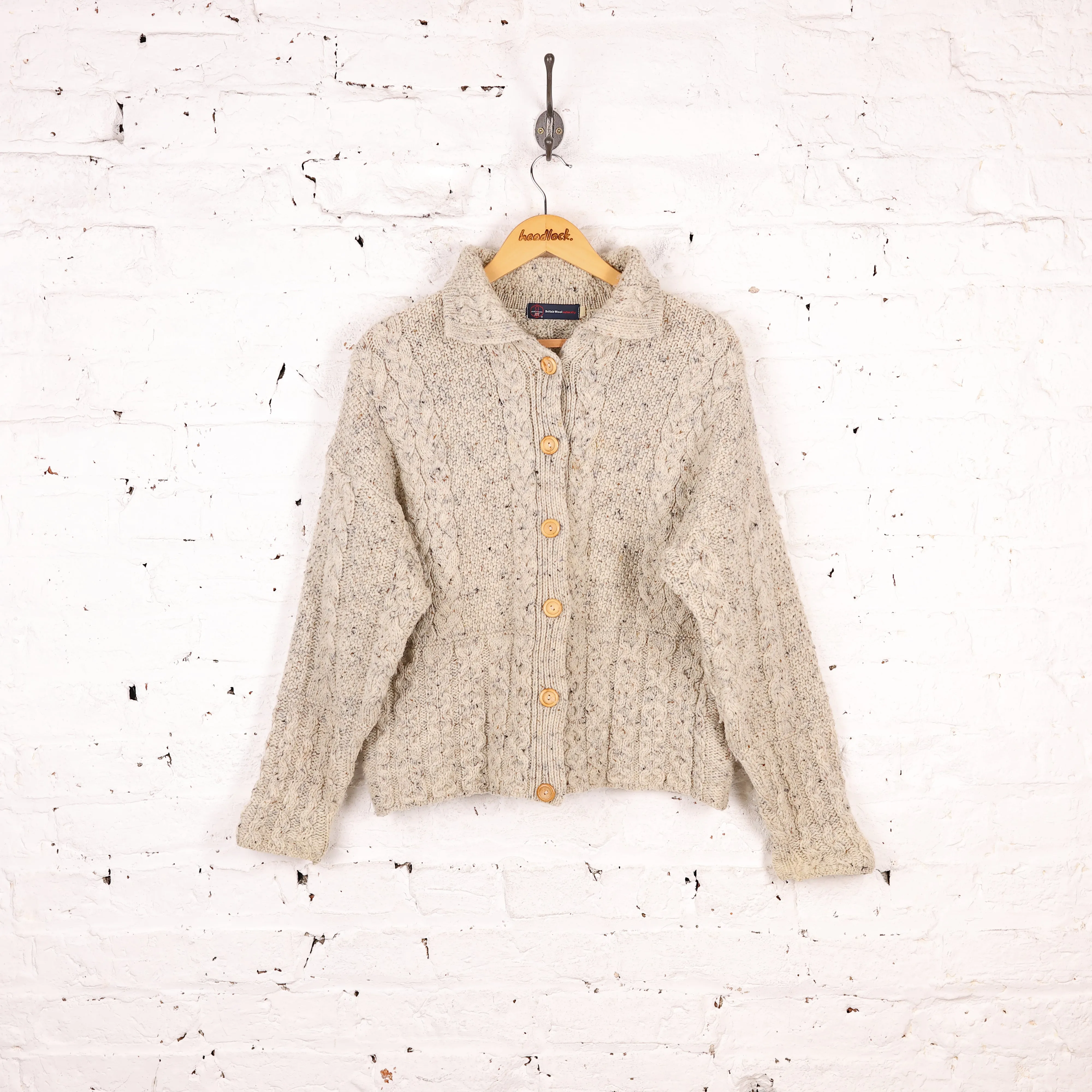 Women's Aran Cable Knit Wool Cardigan - Beige - Women's M