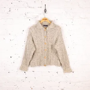 Women's Aran Cable Knit Wool Cardigan - Beige - Women's M