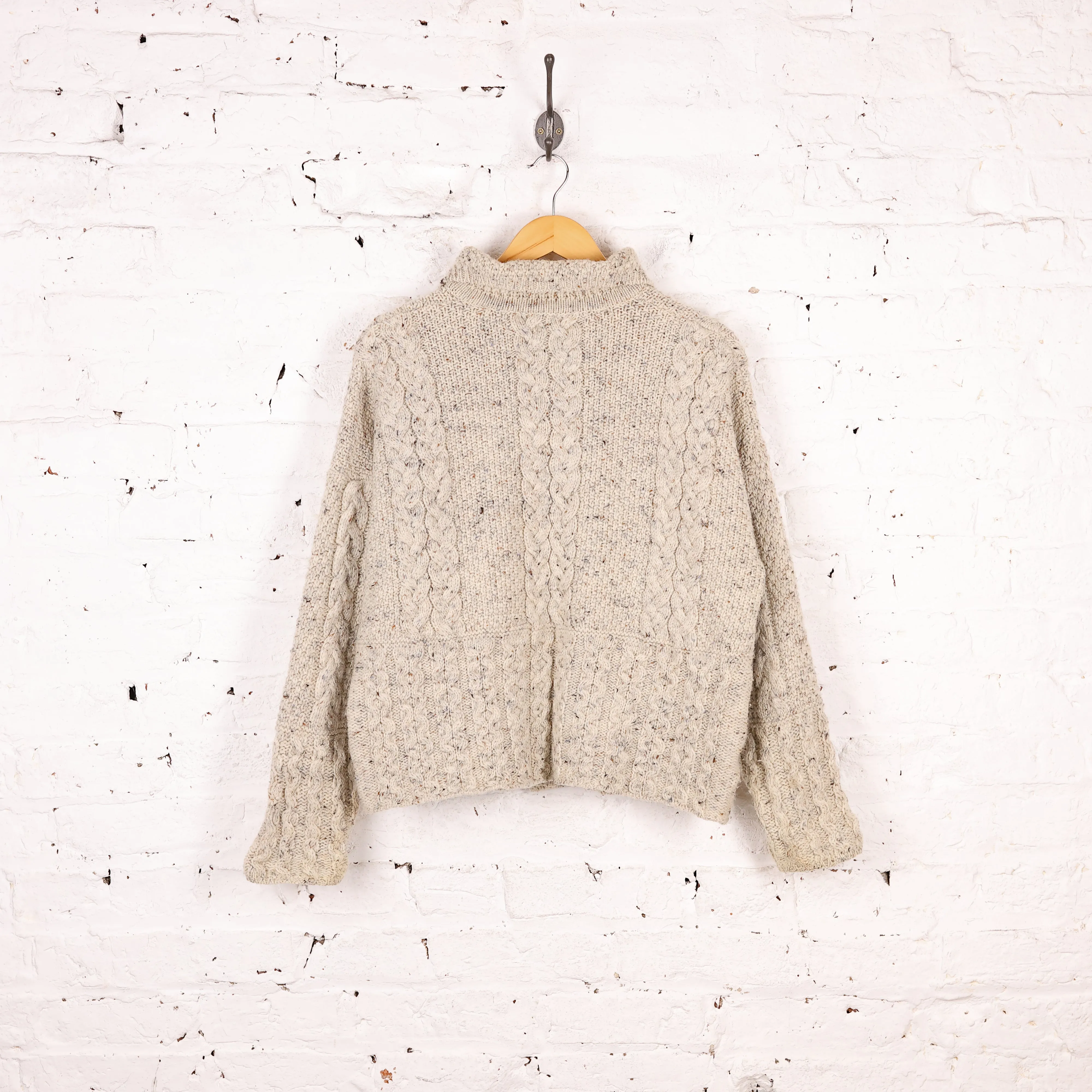 Women's Aran Cable Knit Wool Cardigan - Beige - Women's M