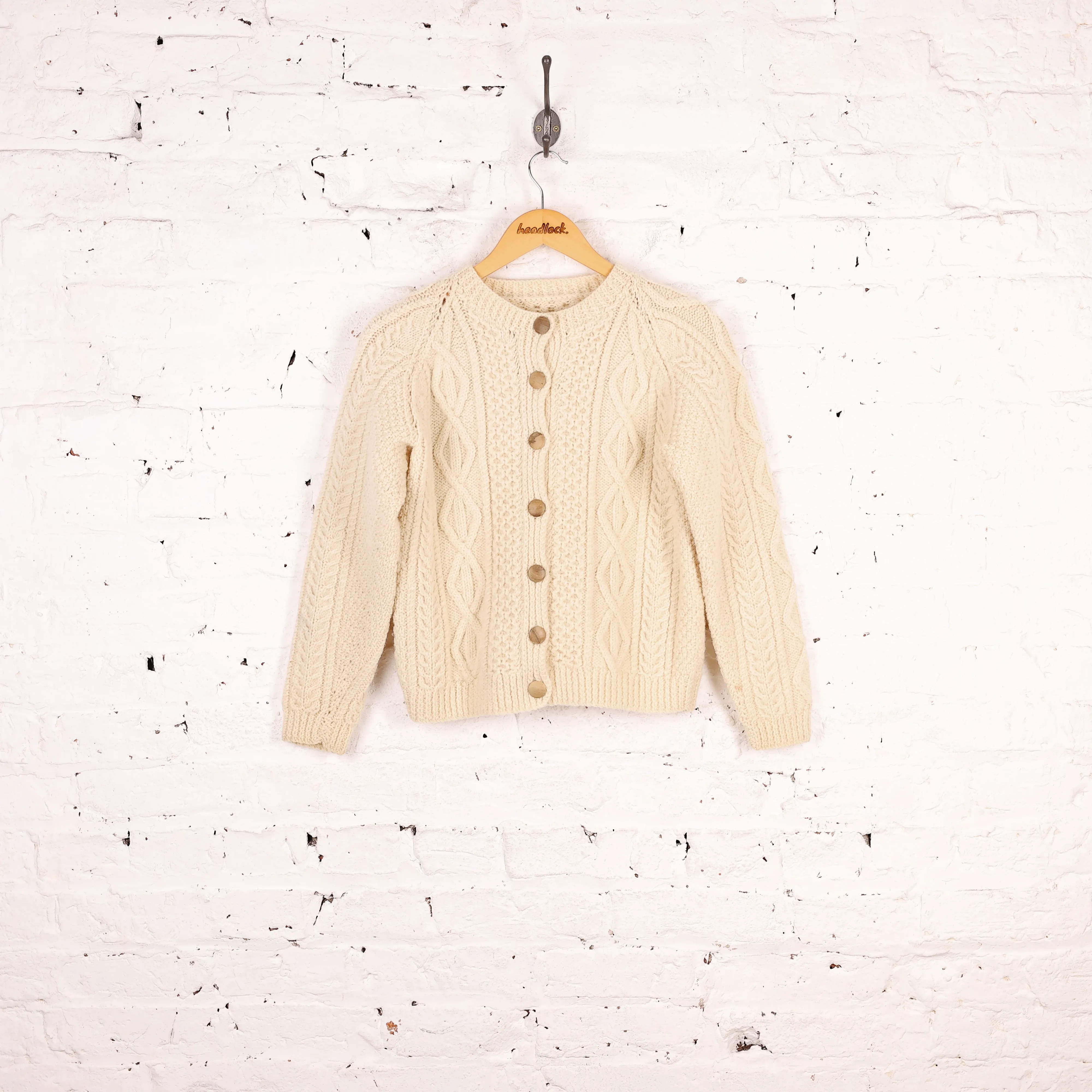 Women's Aran Cable Knit Wool Cardigan - Cream - Women's S
