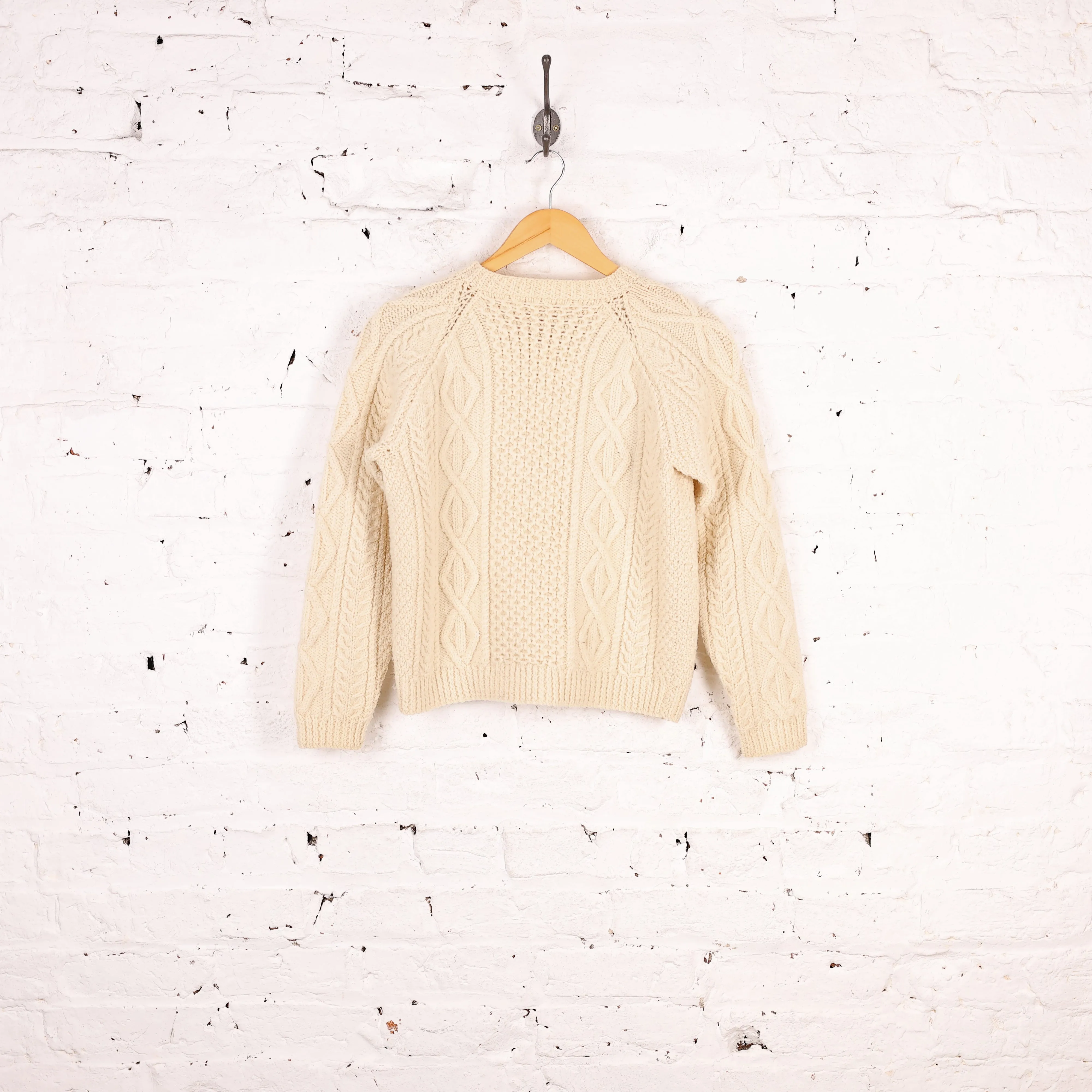 Women's Aran Cable Knit Wool Cardigan - Cream - Women's S