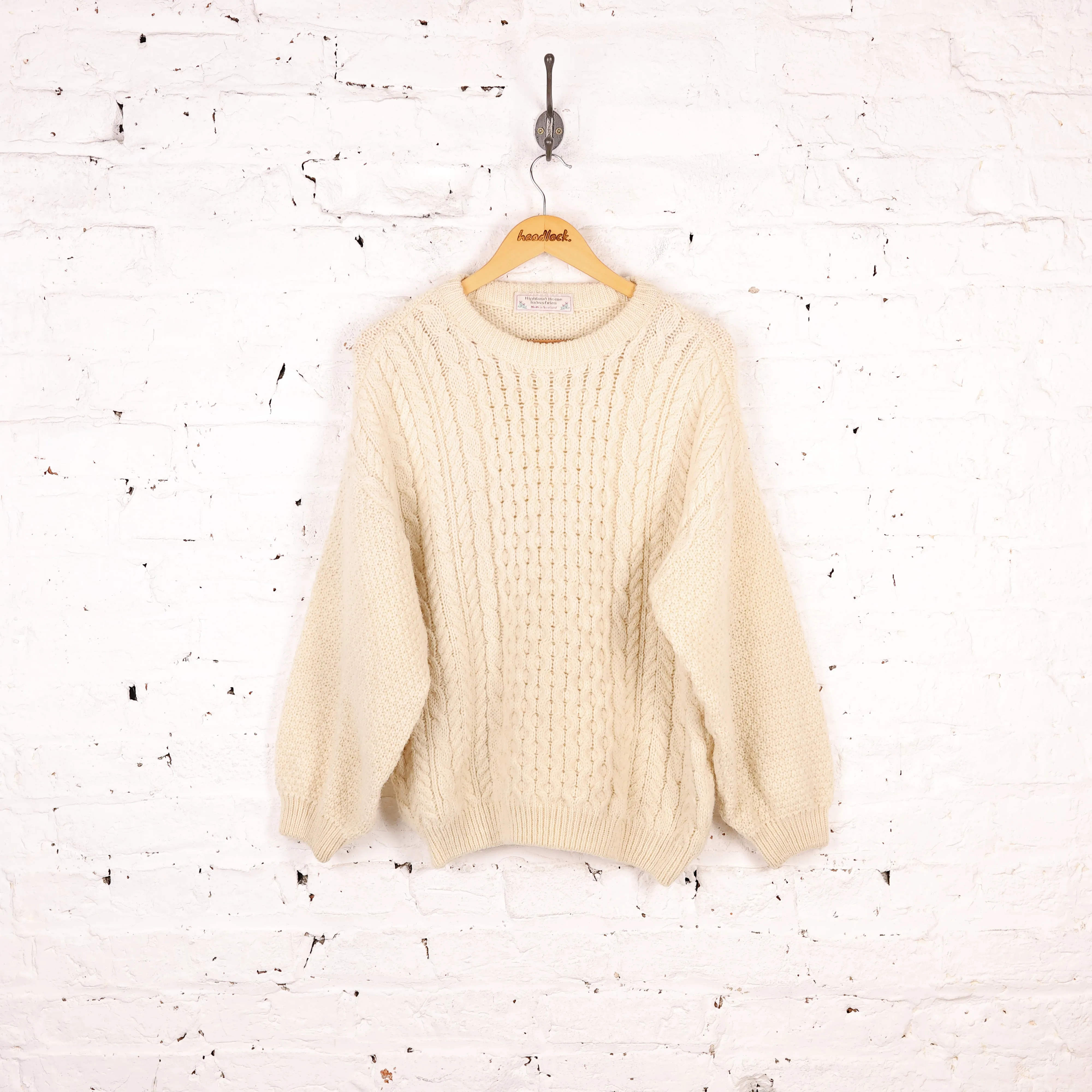 Women's Aran Cable Knit Wool Jumper - Cream - Women's M