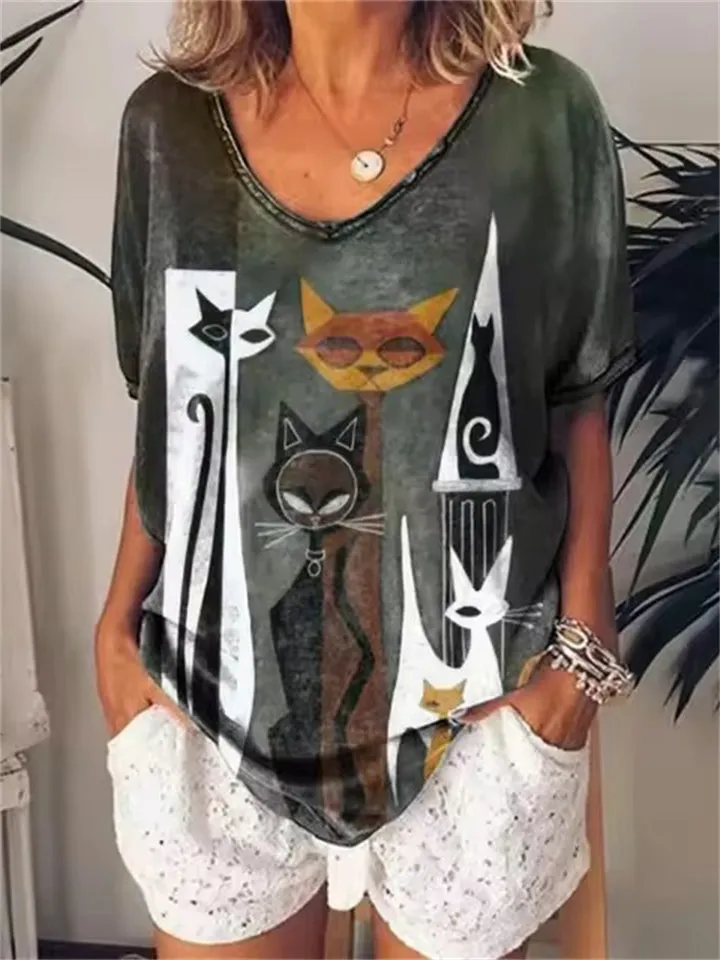 Women's Cartoon Cat Print V Neck Casual T-shirts