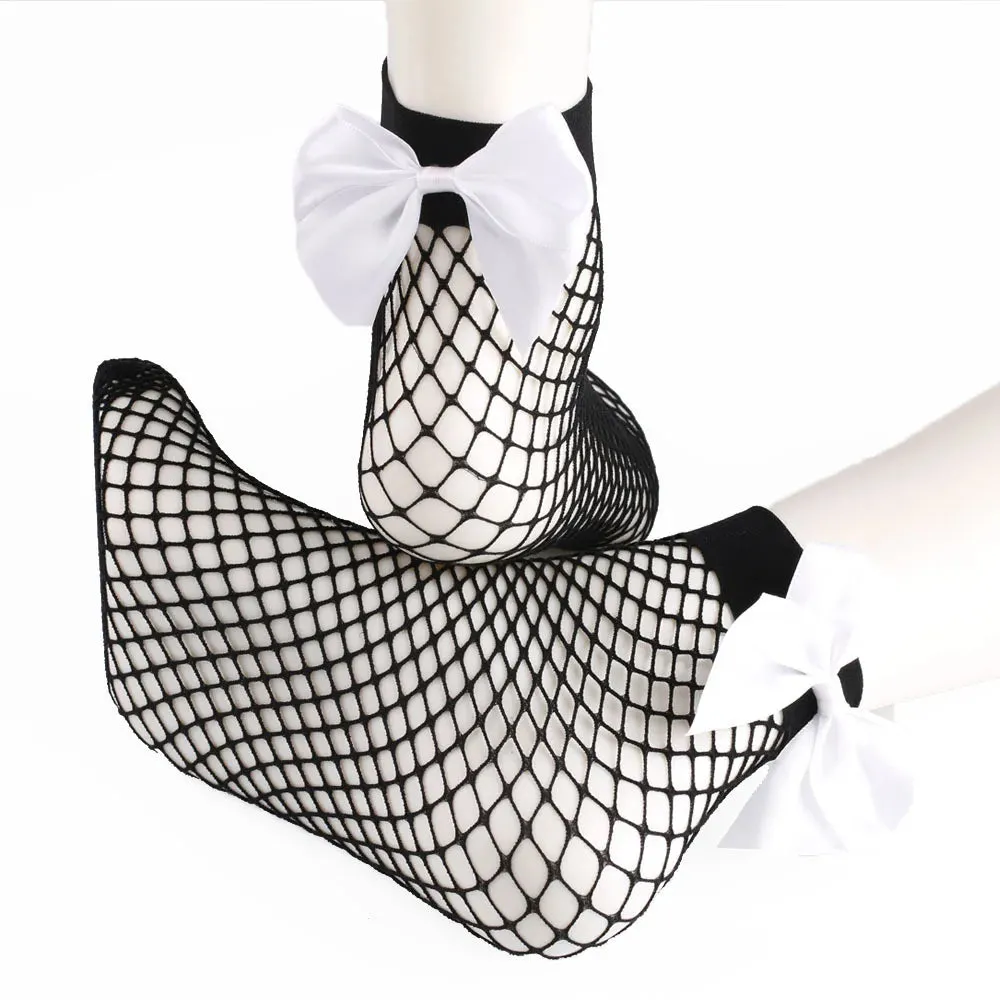 Women's Chic Breathable Fishnet Ankle Socks with Bow Knot Sexy Hollow Out Mesh Socks Lolita Style Socks