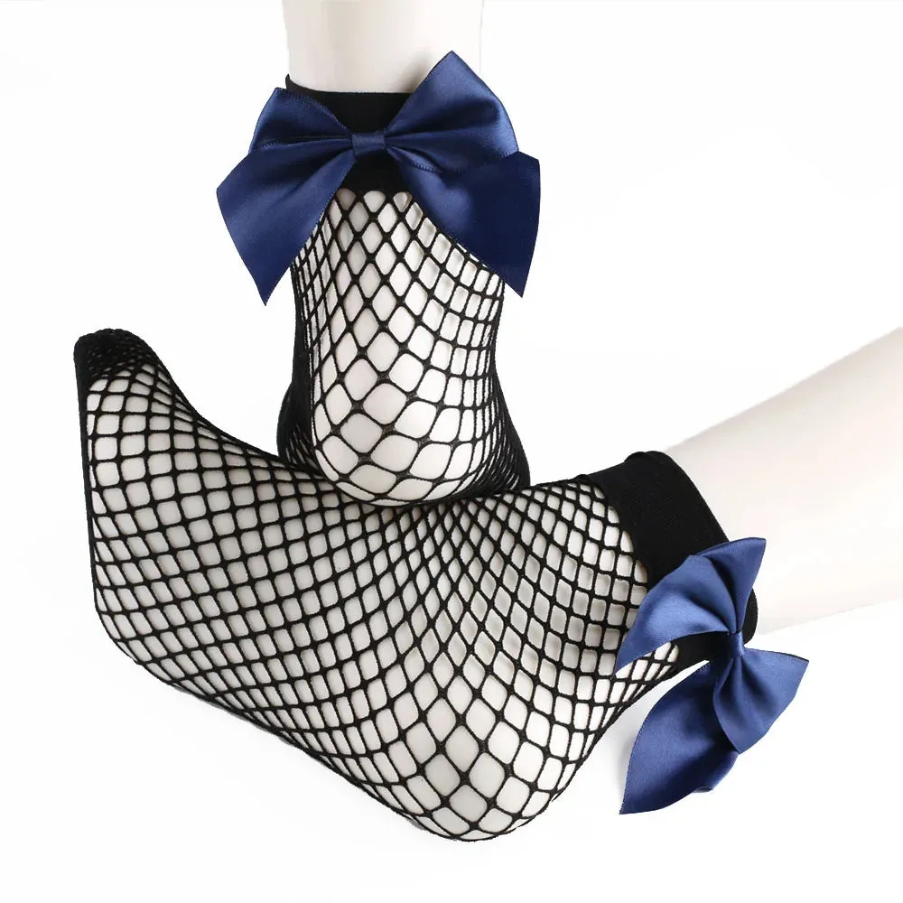 Women's Chic Breathable Fishnet Ankle Socks with Bow Knot Sexy Hollow Out Mesh Socks Lolita Style Socks