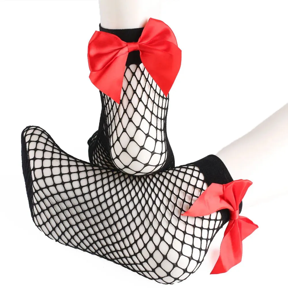 Women's Chic Breathable Fishnet Ankle Socks with Bow Knot Sexy Hollow Out Mesh Socks Lolita Style Socks