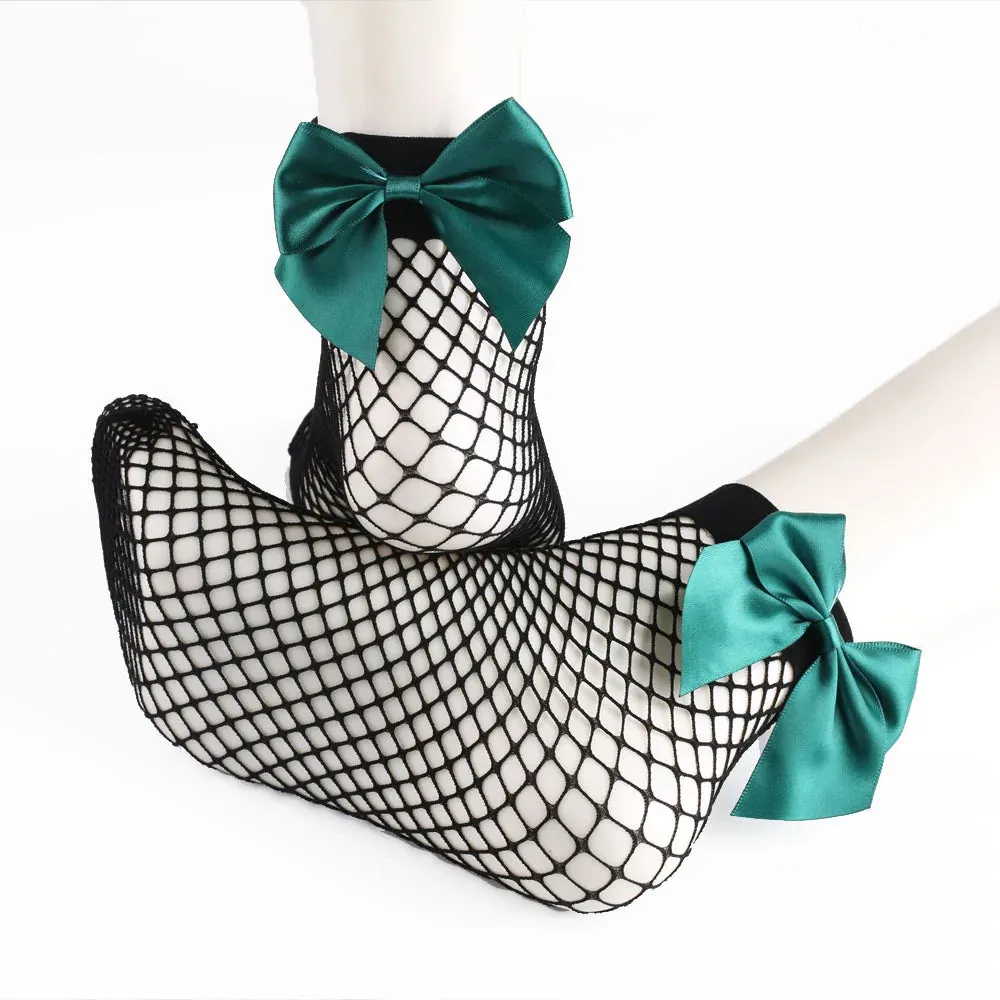 Women's Chic Breathable Fishnet Ankle Socks with Bow Knot Sexy Hollow Out Mesh Socks Lolita Style Socks