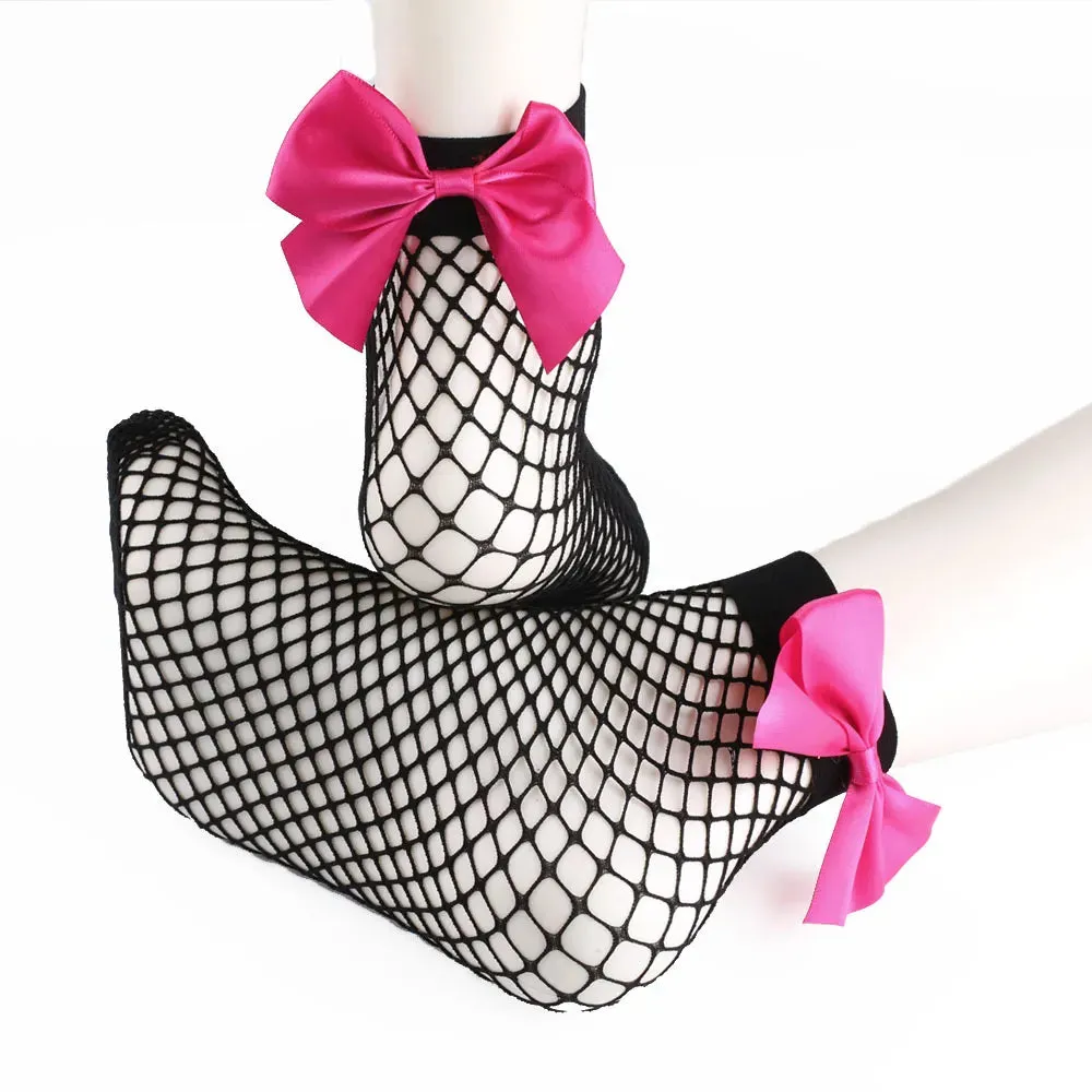 Women's Chic Breathable Fishnet Ankle Socks with Bow Knot Sexy Hollow Out Mesh Socks Lolita Style Socks