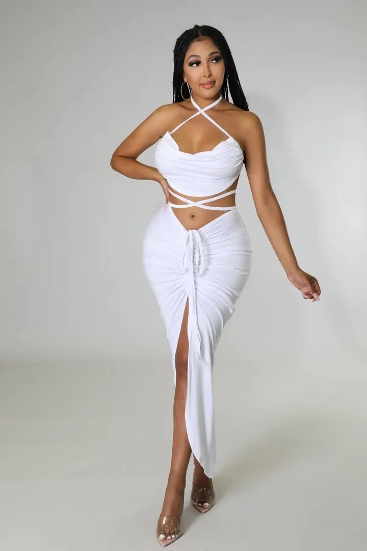 Women's Crop Top Self Tie Slit High Waisted Drawstring  Skirt Set