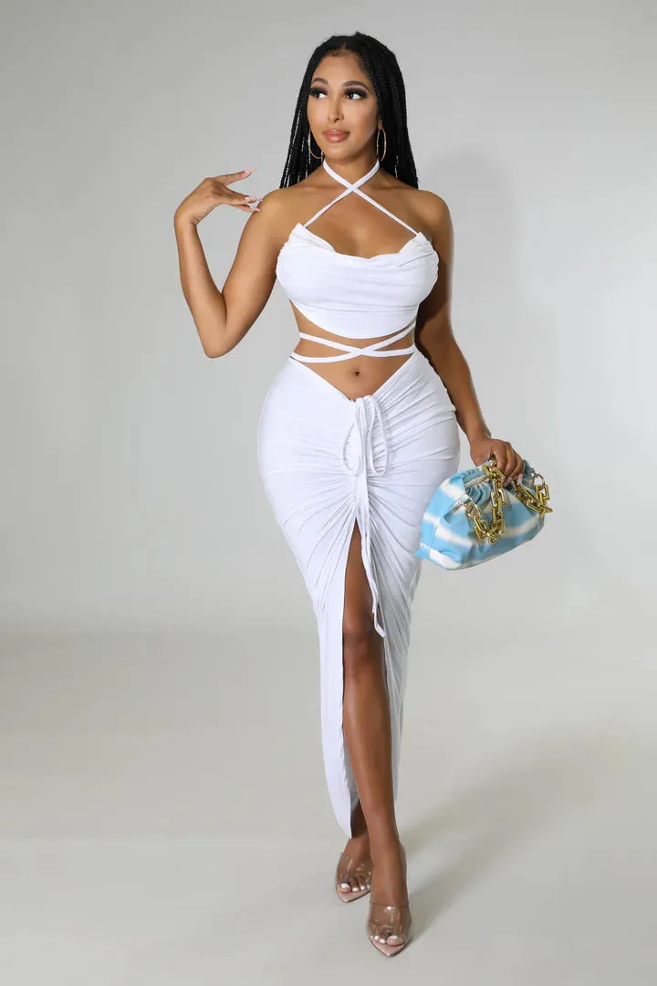 Women's Crop Top Self Tie Slit High Waisted Drawstring  Skirt Set