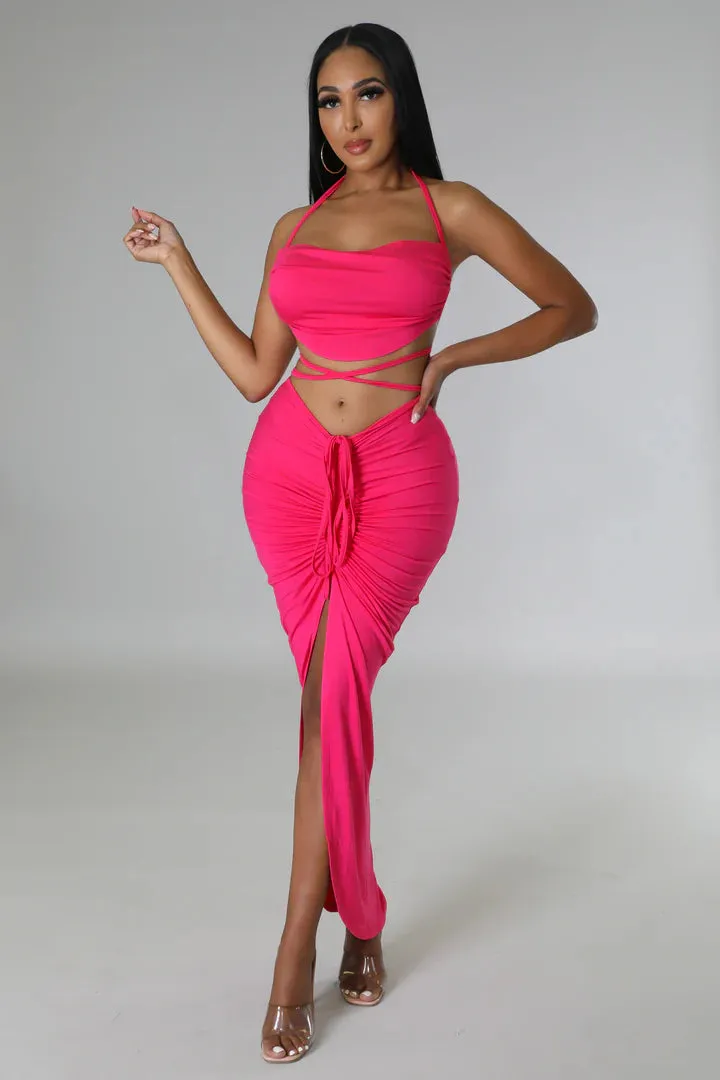 Women's Crop Top Self Tie Slit High Waisted Drawstring  Skirt Set