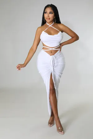 Women's Crop Top Self Tie Slit High Waisted Drawstring  Skirt Set