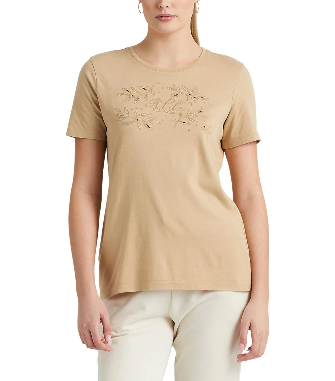 Women's Eyelet Logo Cotton-Blend Tee Light Beige