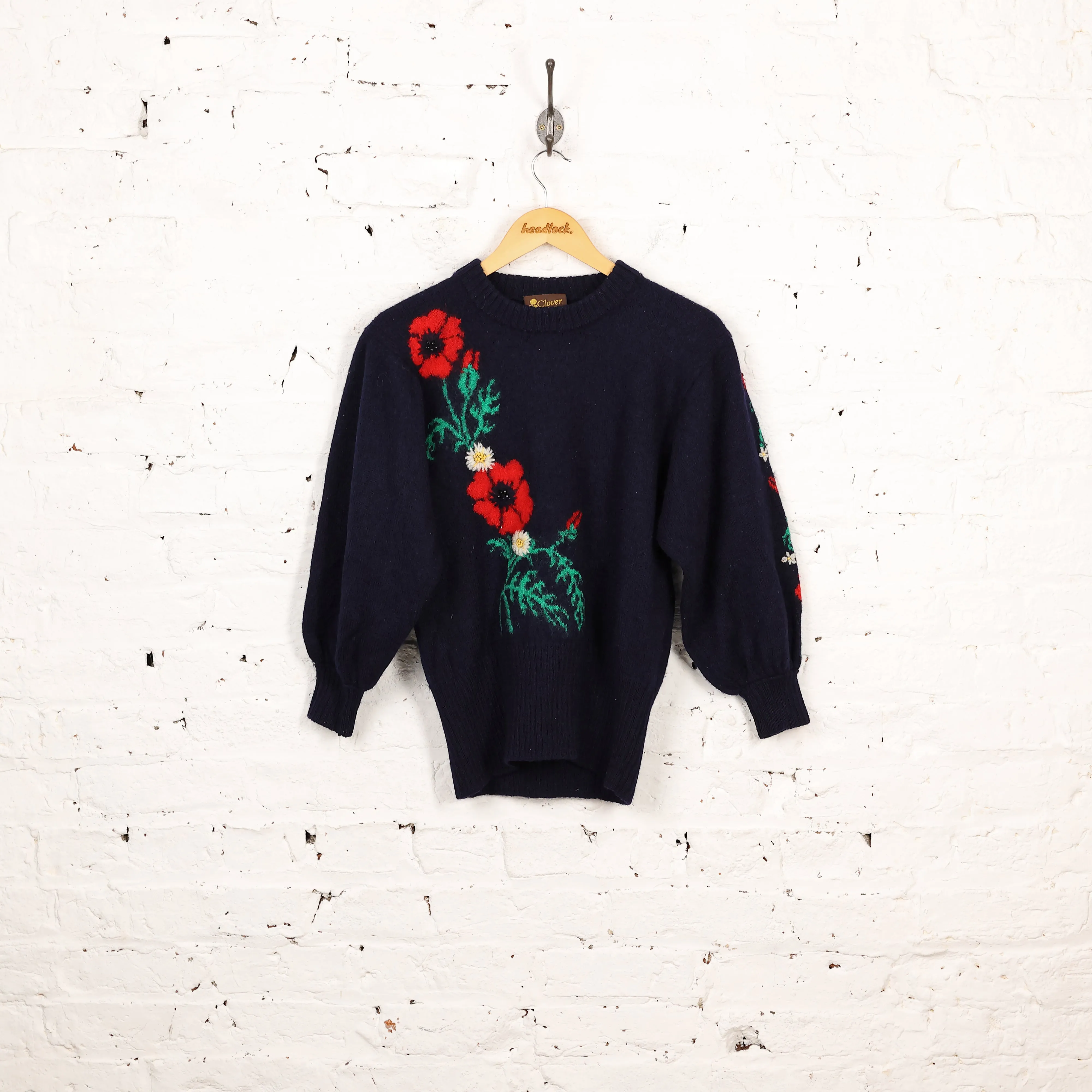 Women's Flowers Picture Knit Wool Jumper - Blue - Womens M