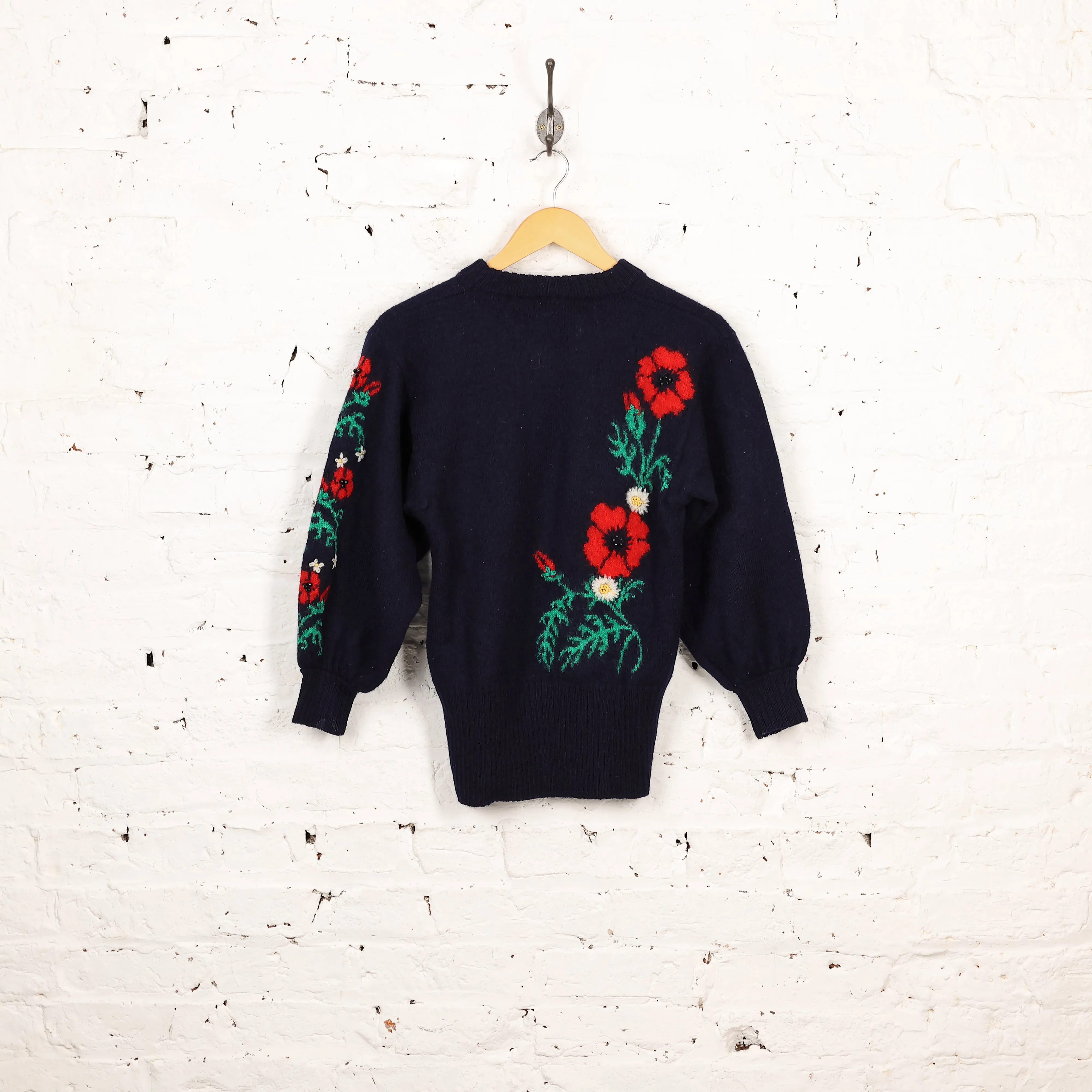 Women's Flowers Picture Knit Wool Jumper - Blue - Womens M