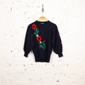 Women's Flowers Picture Knit Wool Jumper - Blue - Womens M